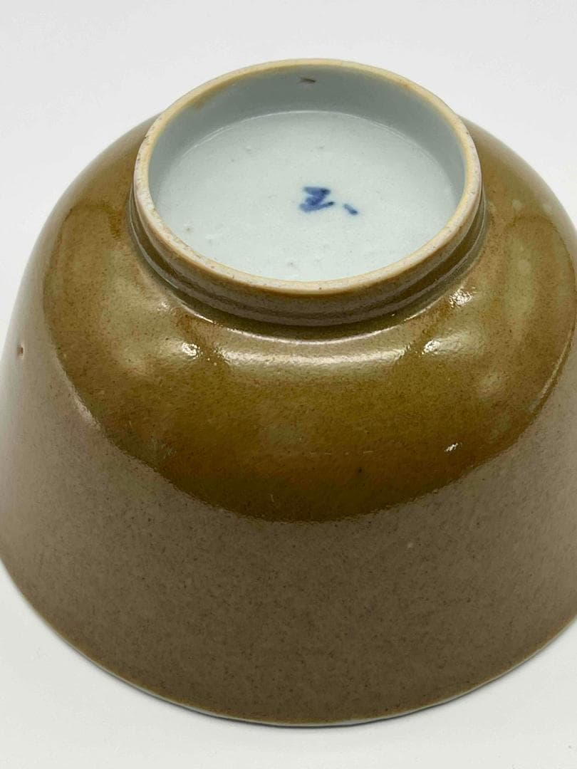 清光緒時代 紫金釉青花草虫文杯 压手杯 茶道具　茶杯 盃 煎茶碗(F-74)