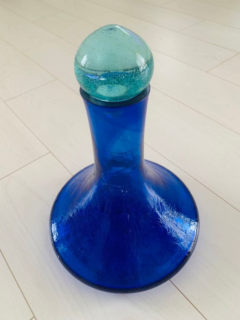 青色 ガラス製 フラスコ型花瓶水差し