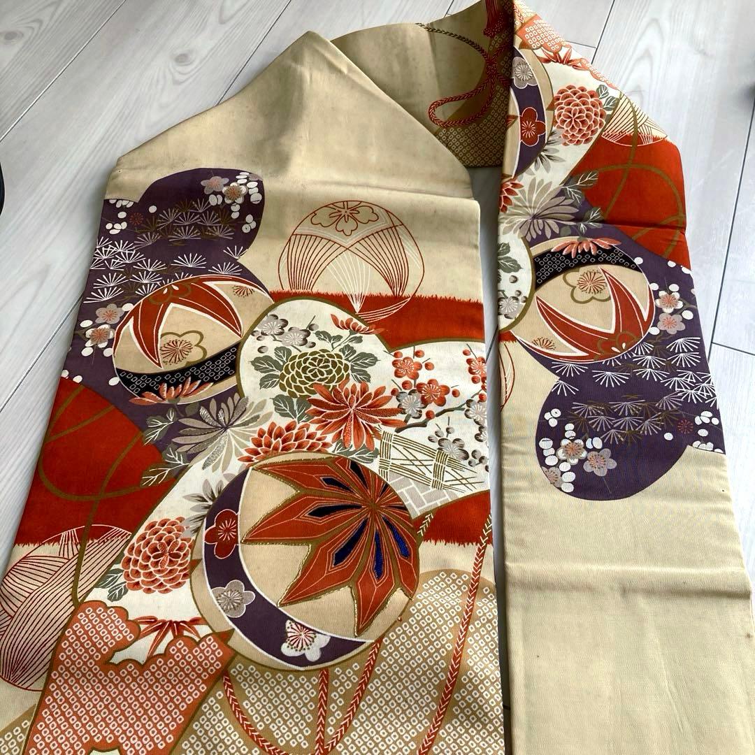 アンティーク名古屋帯　刺繍　しつけ糸付　大正ロマン　正絹　金駒刺繍　N66-26