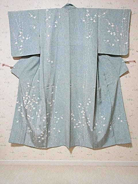 訪問着：白花と枝ライン：ミントグリーン蒔き糊染：11号小柄：シミ：袷正絹：P7