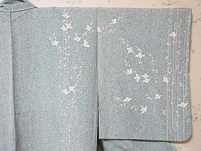 訪問着：白花と枝ライン：ミントグリーン蒔き糊染：11号小柄：シミ：袷正絹：P7