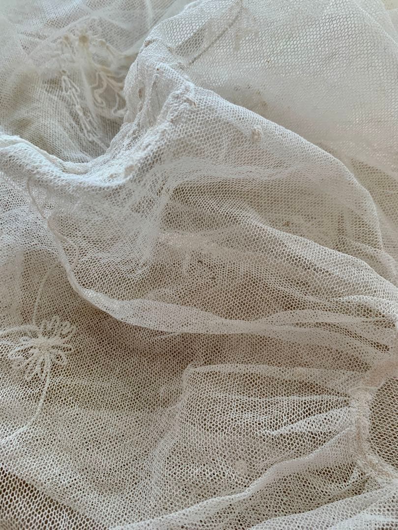 フランスアンティークコーネリー刺繍チュールレースロングカーテン※古色ホワイト