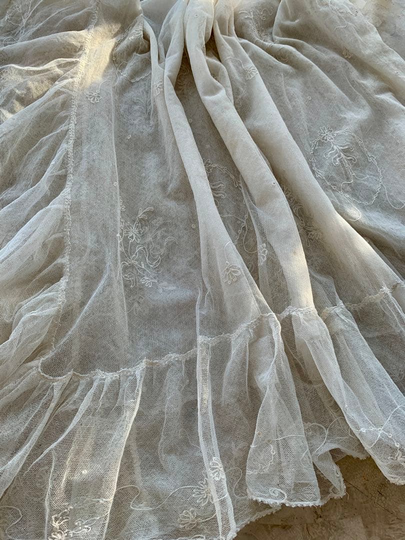 フランスアンティークコーネリー刺繍チュールレースロングカーテン※古色ホワイト