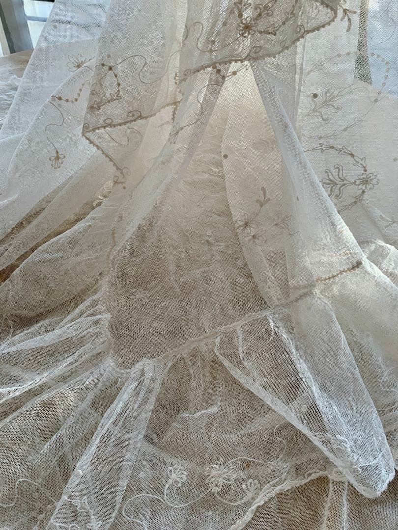 フランスアンティークコーネリー刺繍チュールレースロングカーテン※古色ホワイト