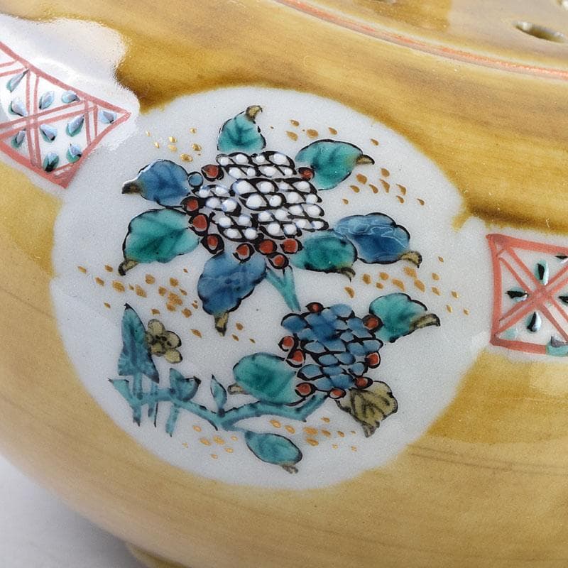九谷焼　秋塘陶園　中村翠恒作　色絵　丸花文　透かし蓋　香炉　共箱　C　R9250