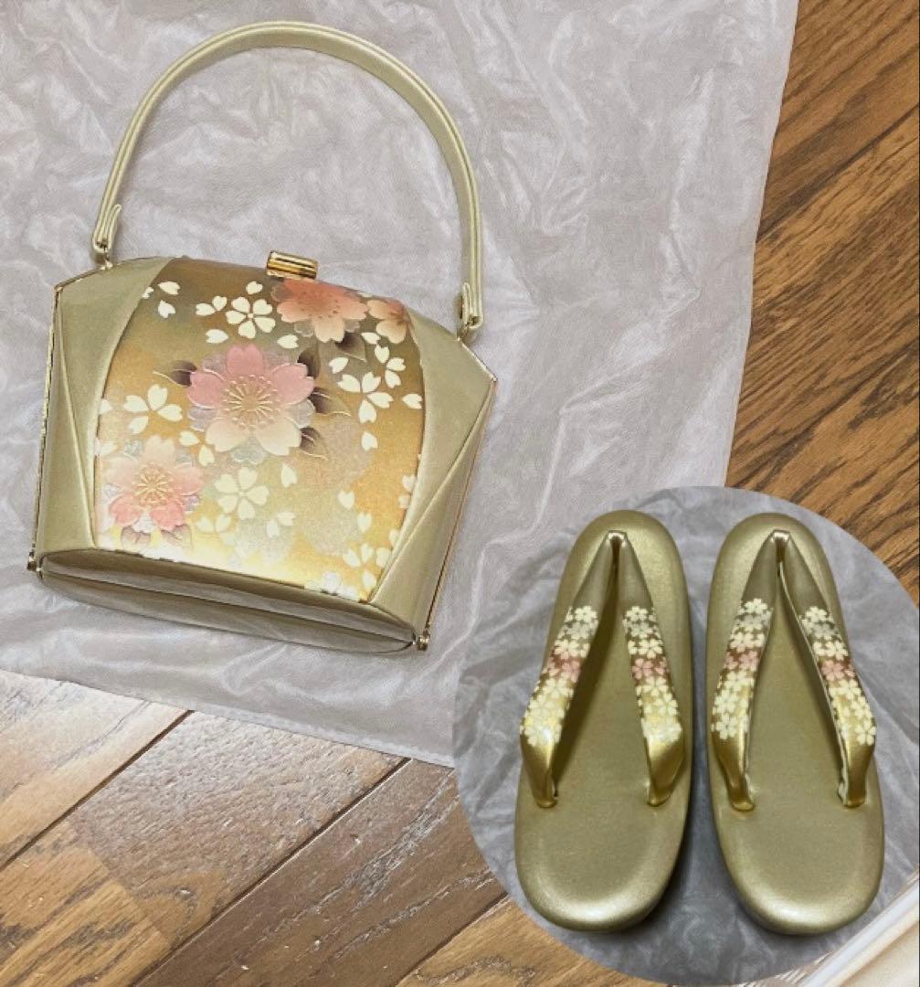 桜の花柄 和装用バッグ 草履セット　金色
