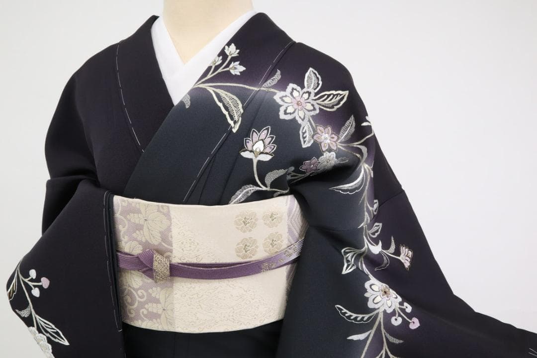 《yume★長尺◆訪問着■極上刺繍◆麗しの花唐草模様◆黒紫HB12-17》