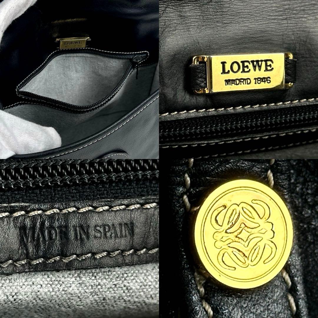 【美品】ロエベ　アナグラム　ショルダーバッグ　ゴールド金具　ステッチ　レザー　黒