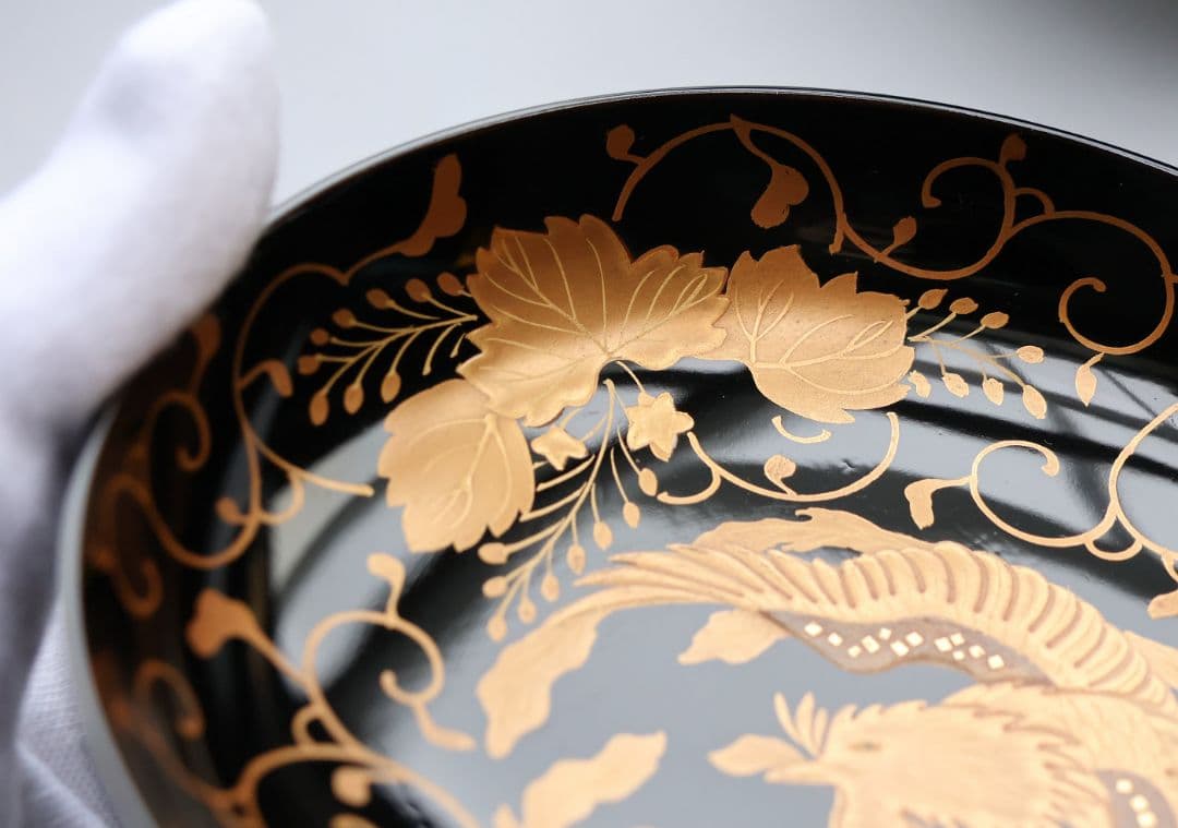 【MB193】天然木漆塗 鳳凰桐唐草 金蒔絵 黒塗 吸物椀 二客 大正昭和