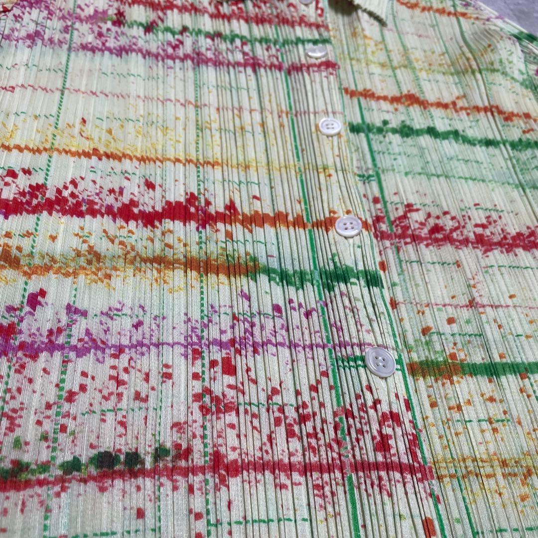 【美品】プリーツプリーズ　総柄　長袖シャツ　ペイント風　3