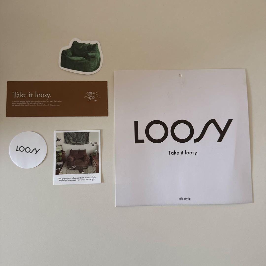 3点セット　LOOSY 1人掛けビーズソファ、クッション＋オットマン　ステッカー