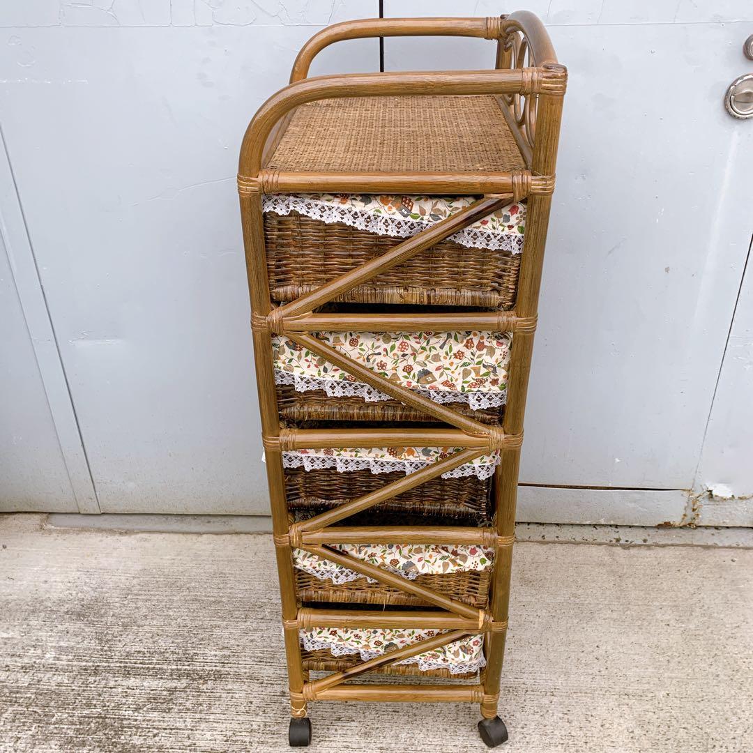 【送料込】ラタン 籐 ヴィンテージ収納 5段チェスト キャスター付 アンティーク