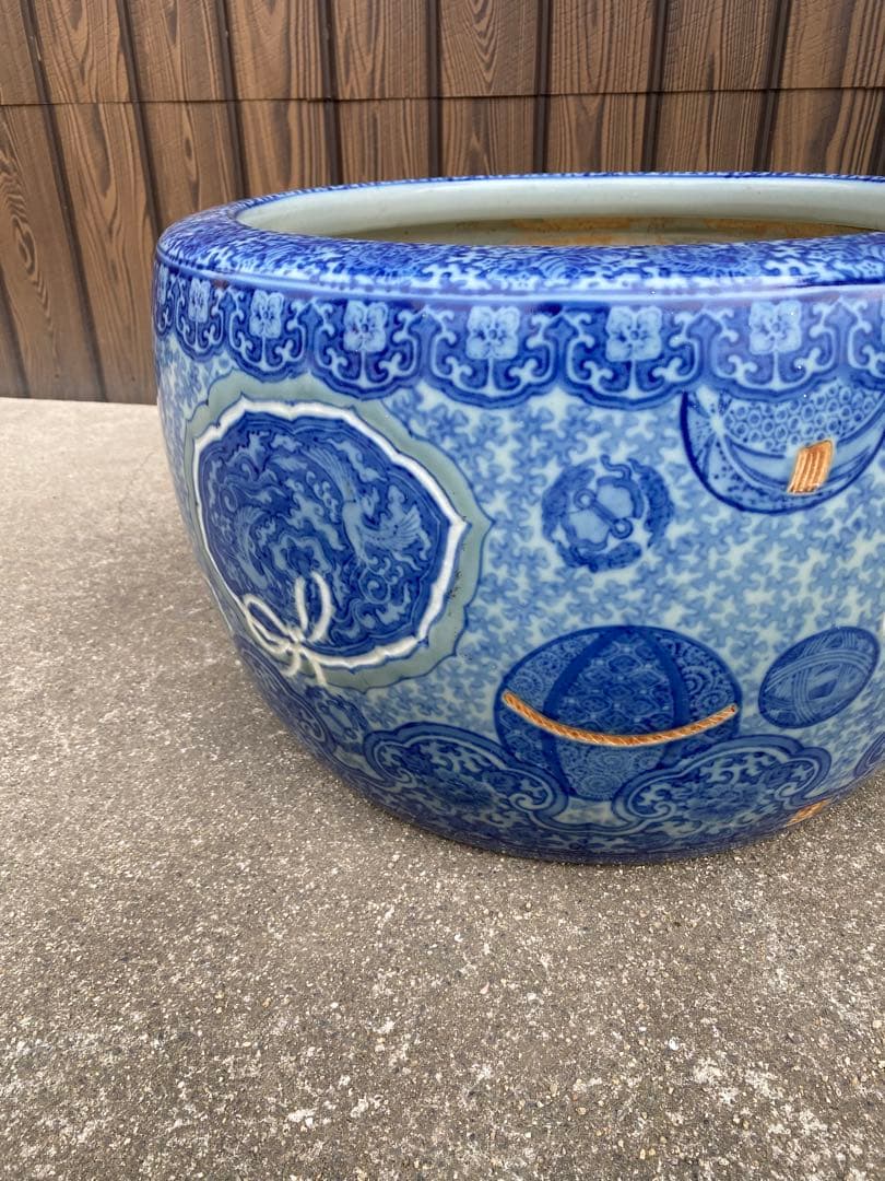 特大　火鉢　陶器鉢　睡蓮鉢　染付　有田焼　在銘　花　金魚鉢　骨董　アンティーク