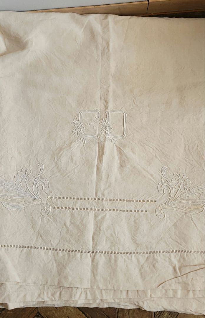 アンティーク リネン シーツ モノグラム刺繍布 ハシゴ刺繍 フレンチ