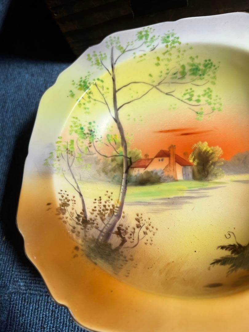 1078 [オールドノリタケ] 夕焼湖畔風景文　菓子器鉢　江戸末期　時代物