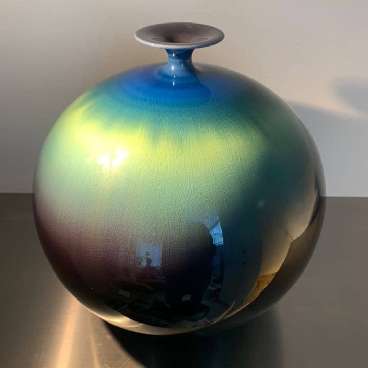 九谷焼　人間国宝 三代　徳田八十吉 (徳田正彦)「碧明釉壷」26cm 共布共箱