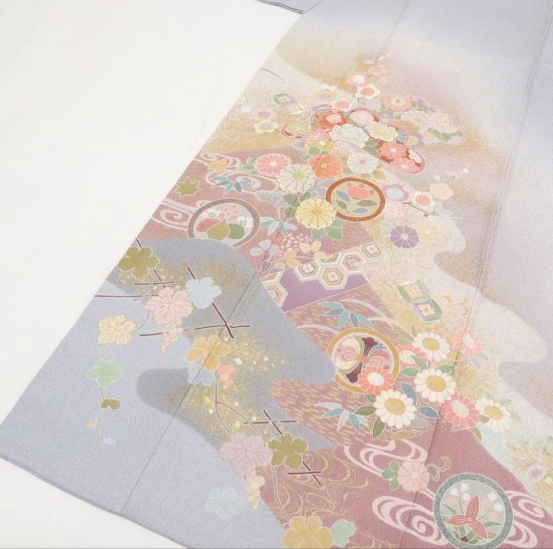 長尺◆訪問着　吉祥文松竹梅花々文　袷正絹着物【着物のみ】