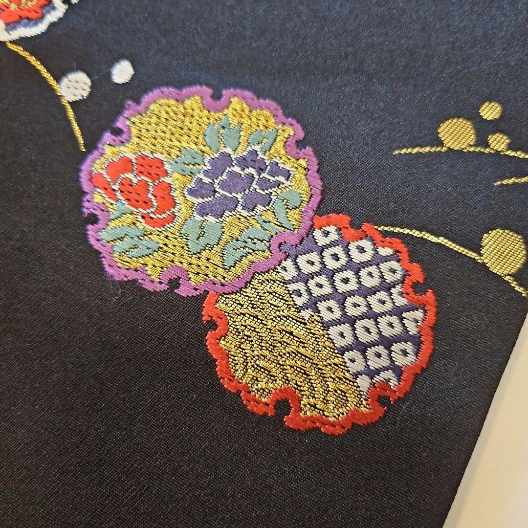 名古屋帯☆雪輪文様☆九寸☆露草☆正絹☆セミフォーマル☆黒地☆金彩