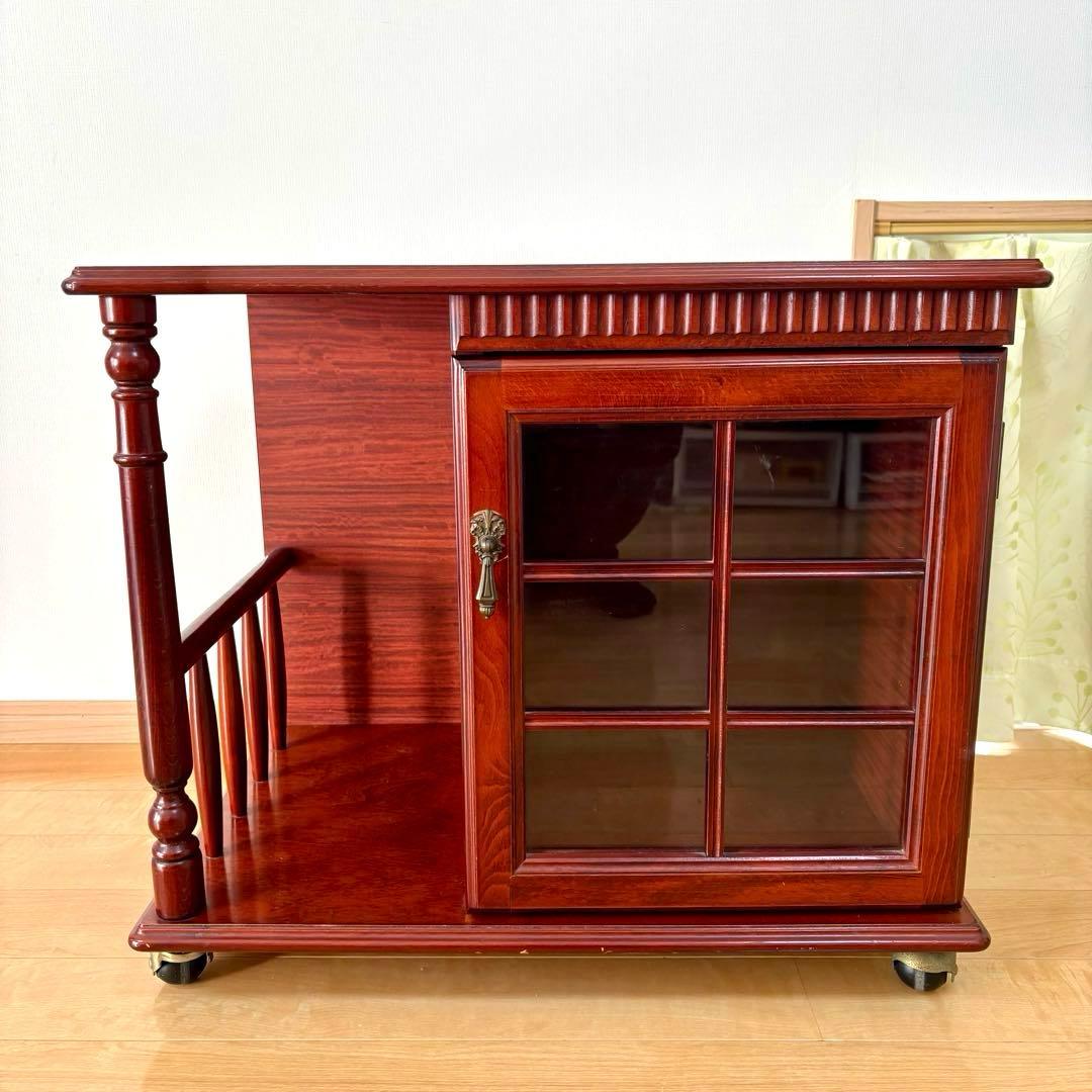 四国工芸 木製 ガラス格子戸付 キャスター ワゴン キャビネット 昭和レトロ