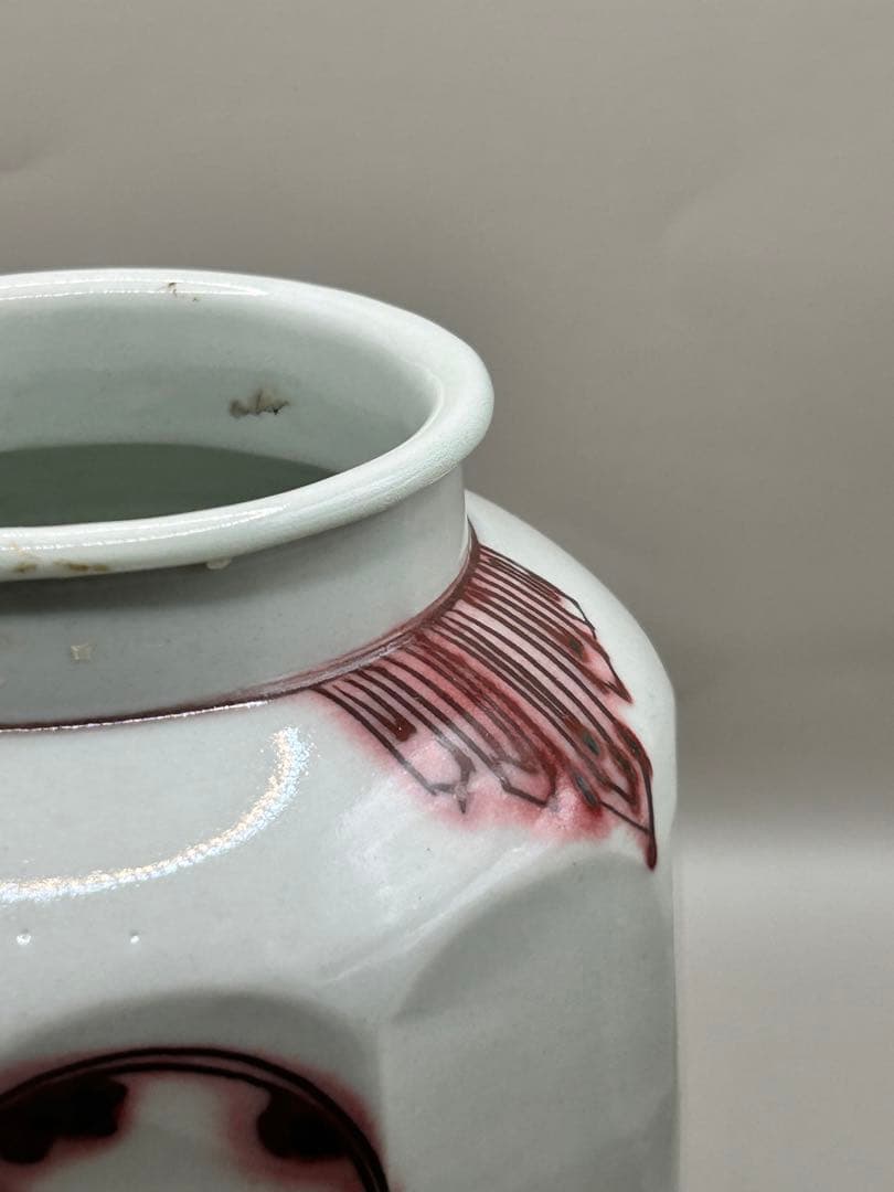 白磁辰砂鳥文面取壺　壺　アンティーク　李朝