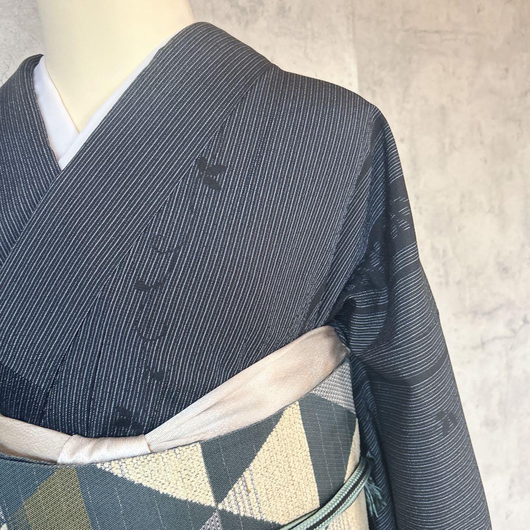 小紋　フルセット　着物　正絹　縦縞　唐草　シャレ帯　紬　p3