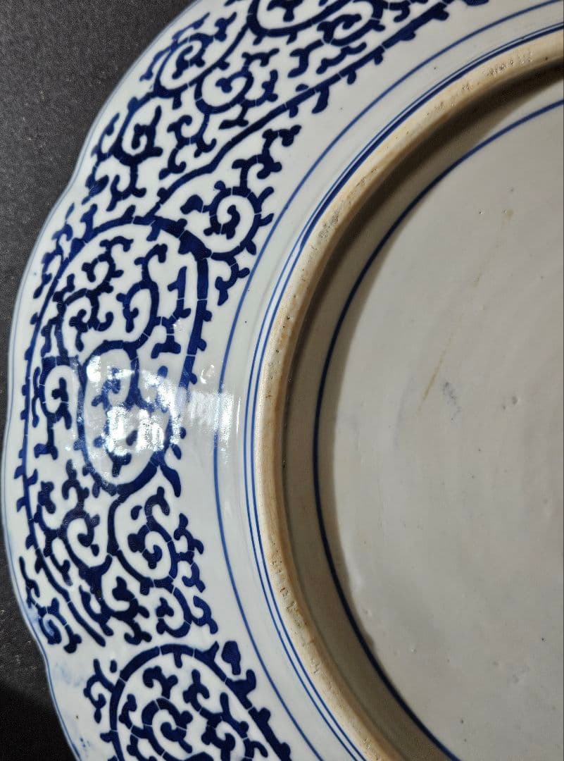 【特大❗】明治時代　印判　銅版転写 みじん唐草　裏　たこ唐草　径46.4cm大皿