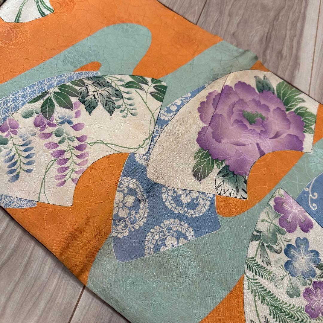 美品　正絹　着物 和服　帯　アンティーク　オレンジ　紫　水色　374 扇