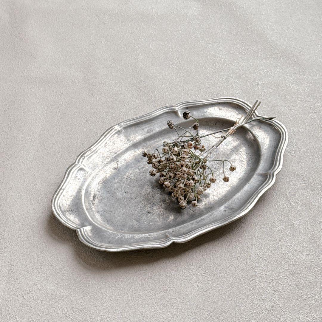 フランス アンティーク ピューター 花リム 大判 オーバルプレート 36cm