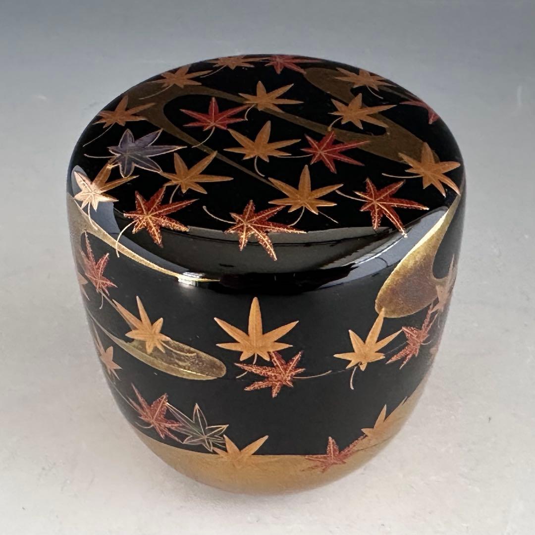 茶道具　竜田川蒔絵　内銀地　大棗　呉藤穣太郎　共箱　山中塗　漆芸　秋　紅葉　茶会