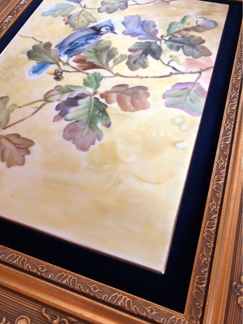 ノリタケ　陶版　額　アオカケス　ハンドペイント