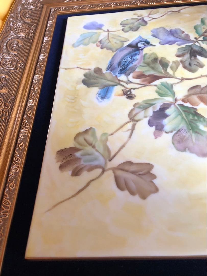 ノリタケ　陶版　額　アオカケス　ハンドペイント