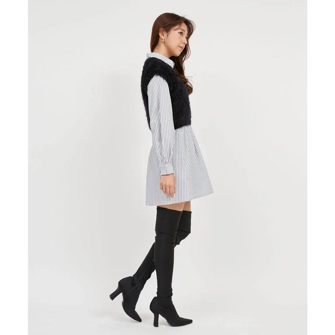 新品 ロイヤルパーティー ニットベスト付くびれるストライプシャツワンピース F