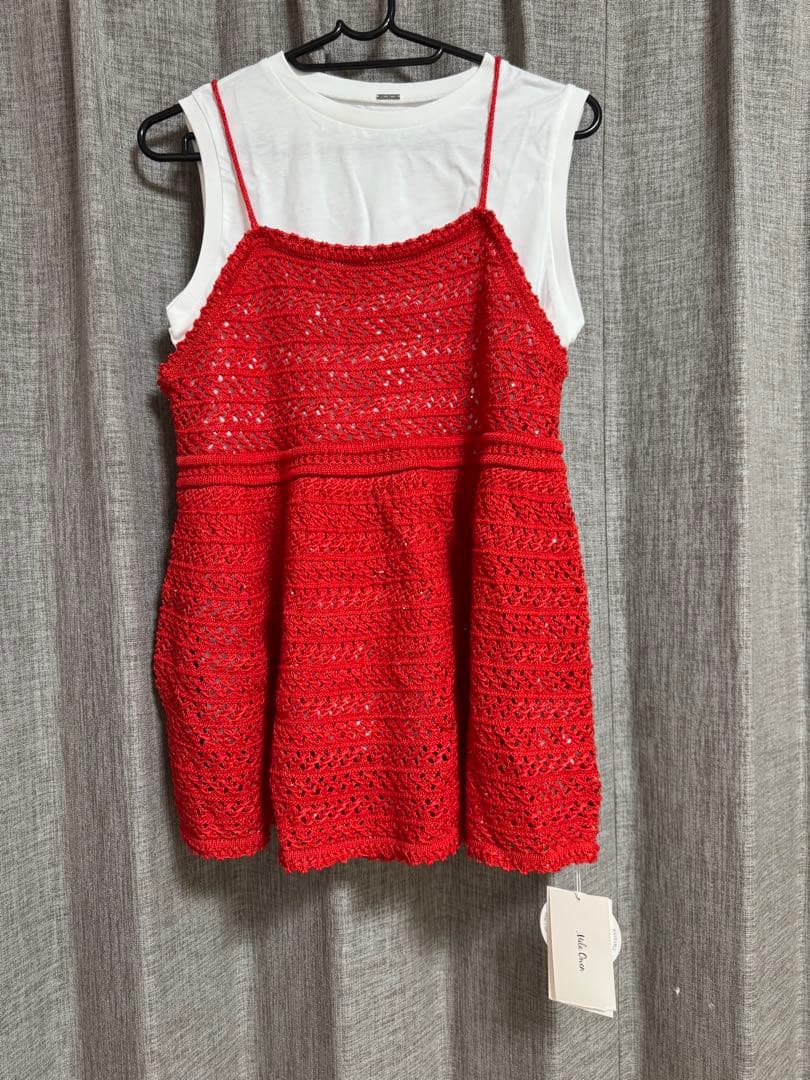 【ウォッシャブル】クロシェニットキャミ×ノースリトップス