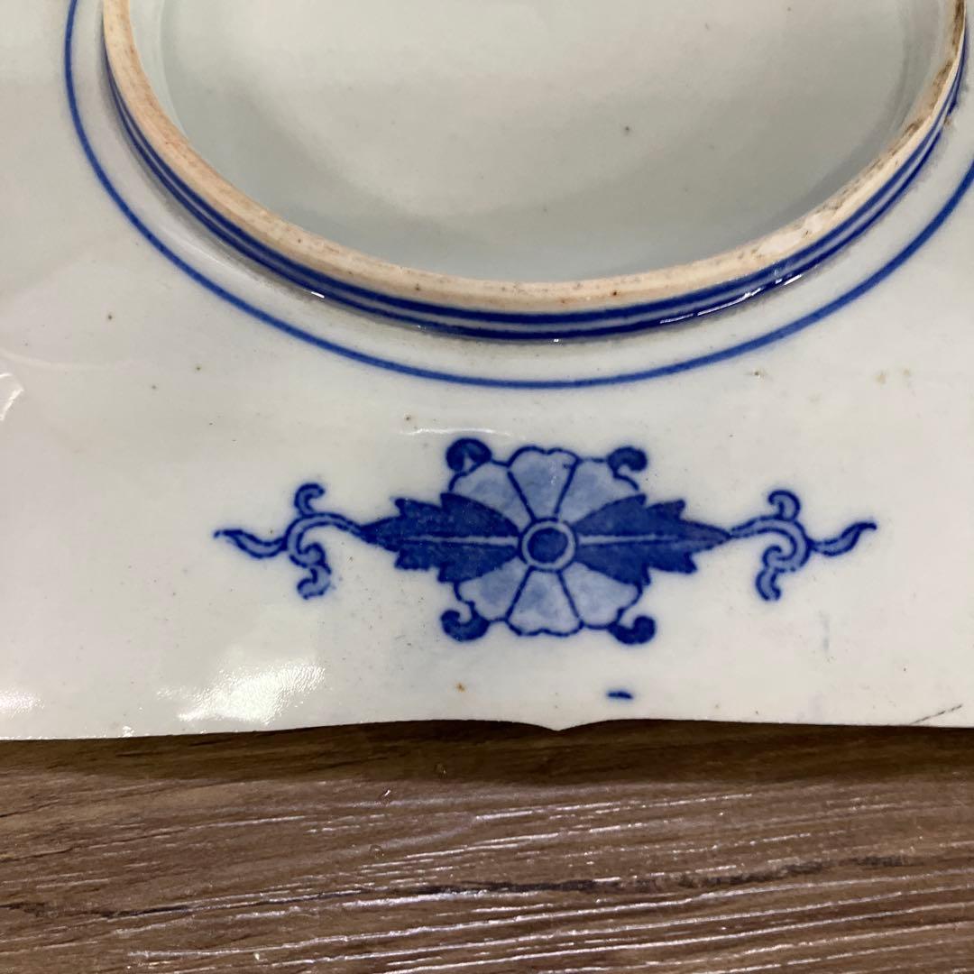 D-5 染付 角皿 藍色 和柄 桜 御所車 花鳥図 菓子皿 取皿 レトロ 陶器