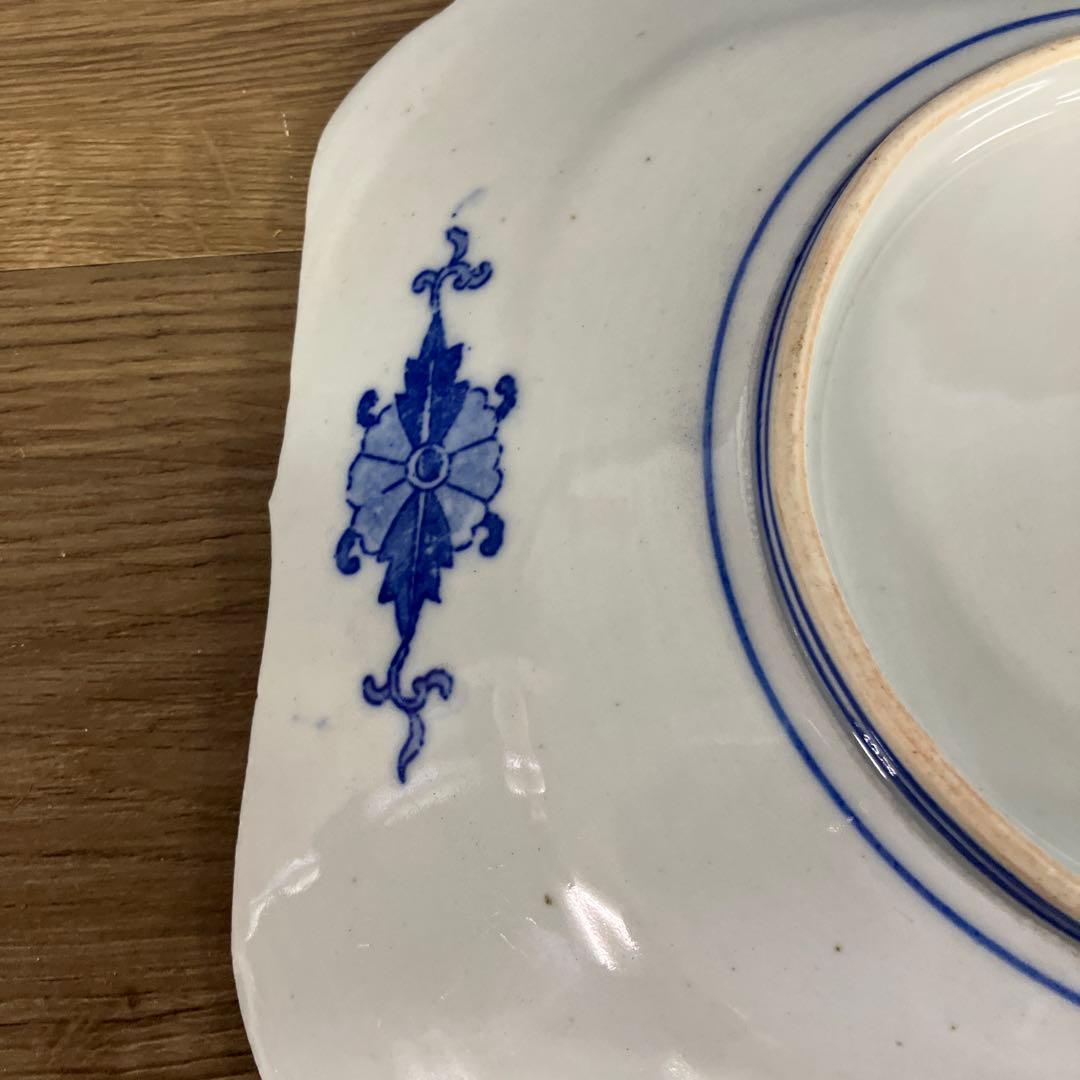 D-5 染付 角皿 藍色 和柄 桜 御所車 花鳥図 菓子皿 取皿 レトロ 陶器
