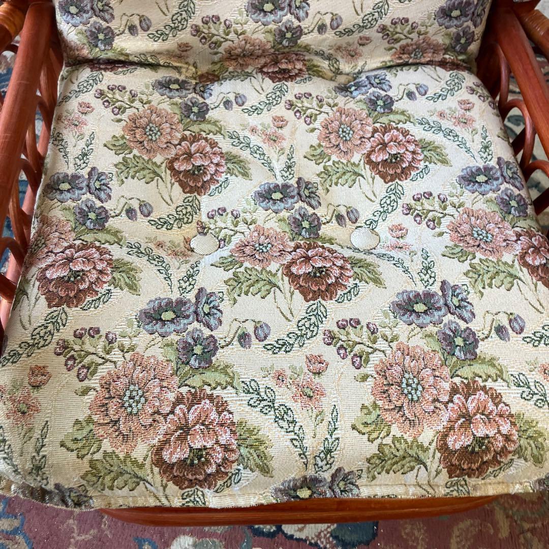 昭和レトロ 花柄ゴブラン織り 回転式ラタンリクライニングチェア アームチェア
