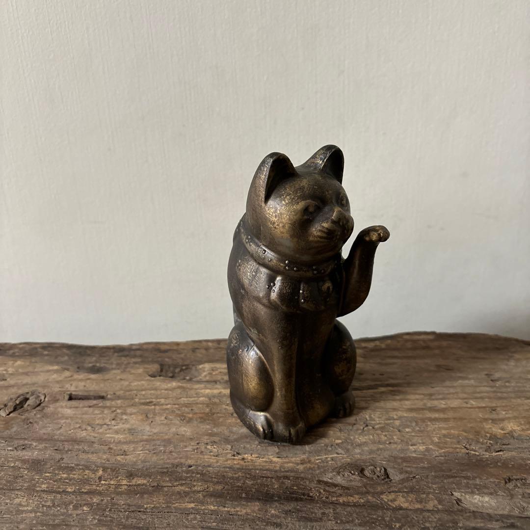 アンティーク　金属製の招き猫　縁起物　古道具　骨董品　福助人形　眠り猫　検:李朝