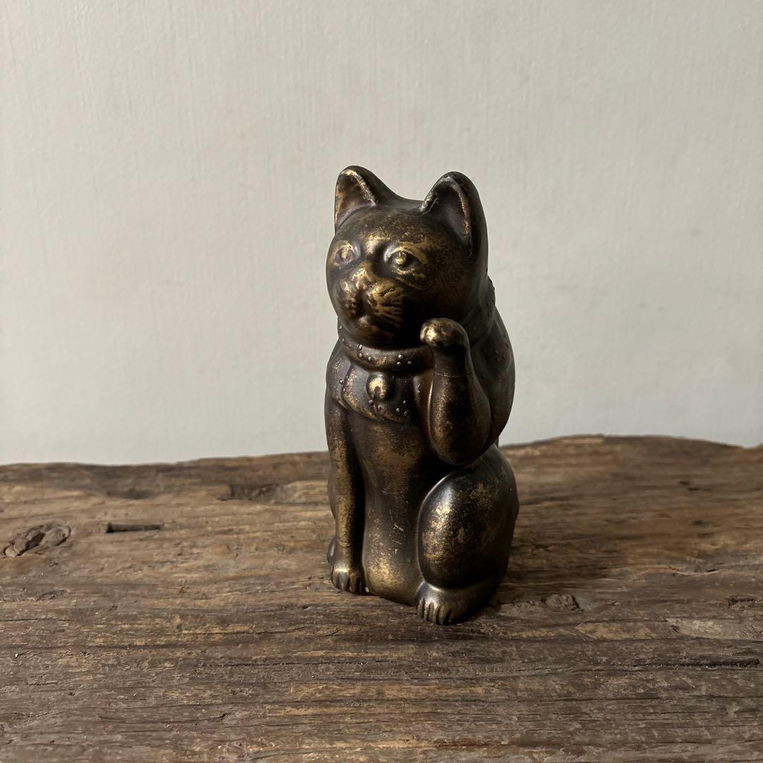 アンティーク　金属製の招き猫　縁起物　古道具　骨董品　福助人形　眠り猫　検:李朝
