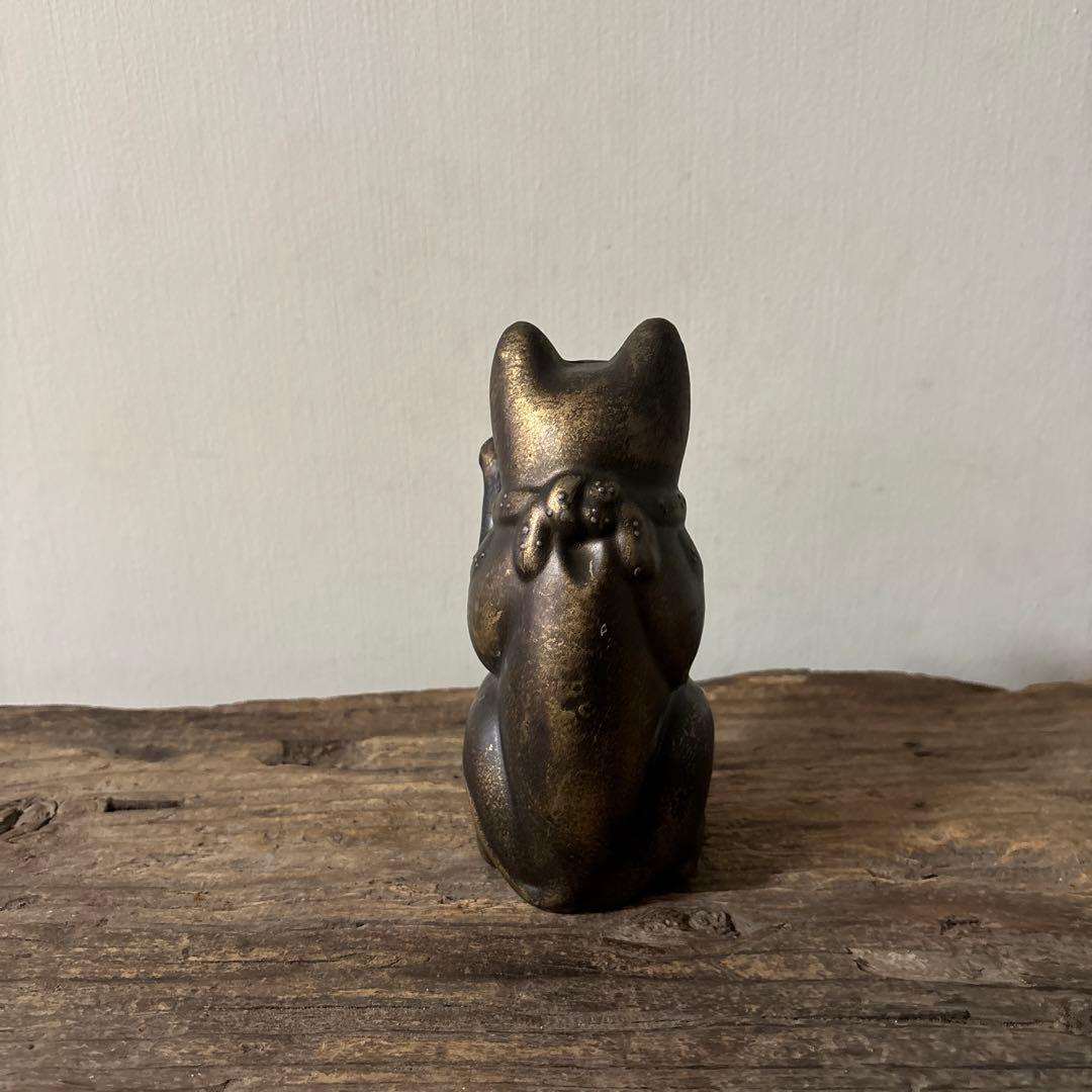 アンティーク　金属製の招き猫　縁起物　古道具　骨董品　福助人形　眠り猫　検:李朝