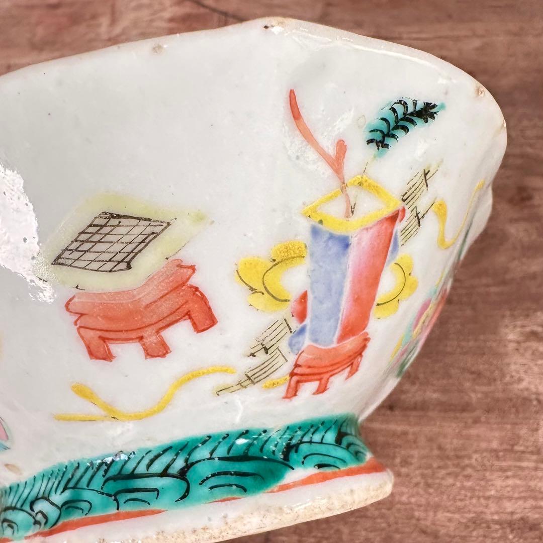 希少　粉彩　五彩花丸文　高台皿　変形鉢　清朝期　中国古玩　中国美術　骨董品