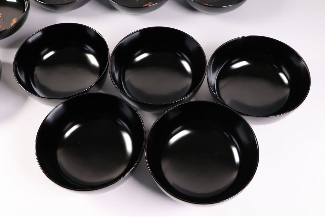 【MB197】輪島塗 天然木漆塗 黒塗椀 五客 蒔絵 大和絵 源氏絵 人物 昭和