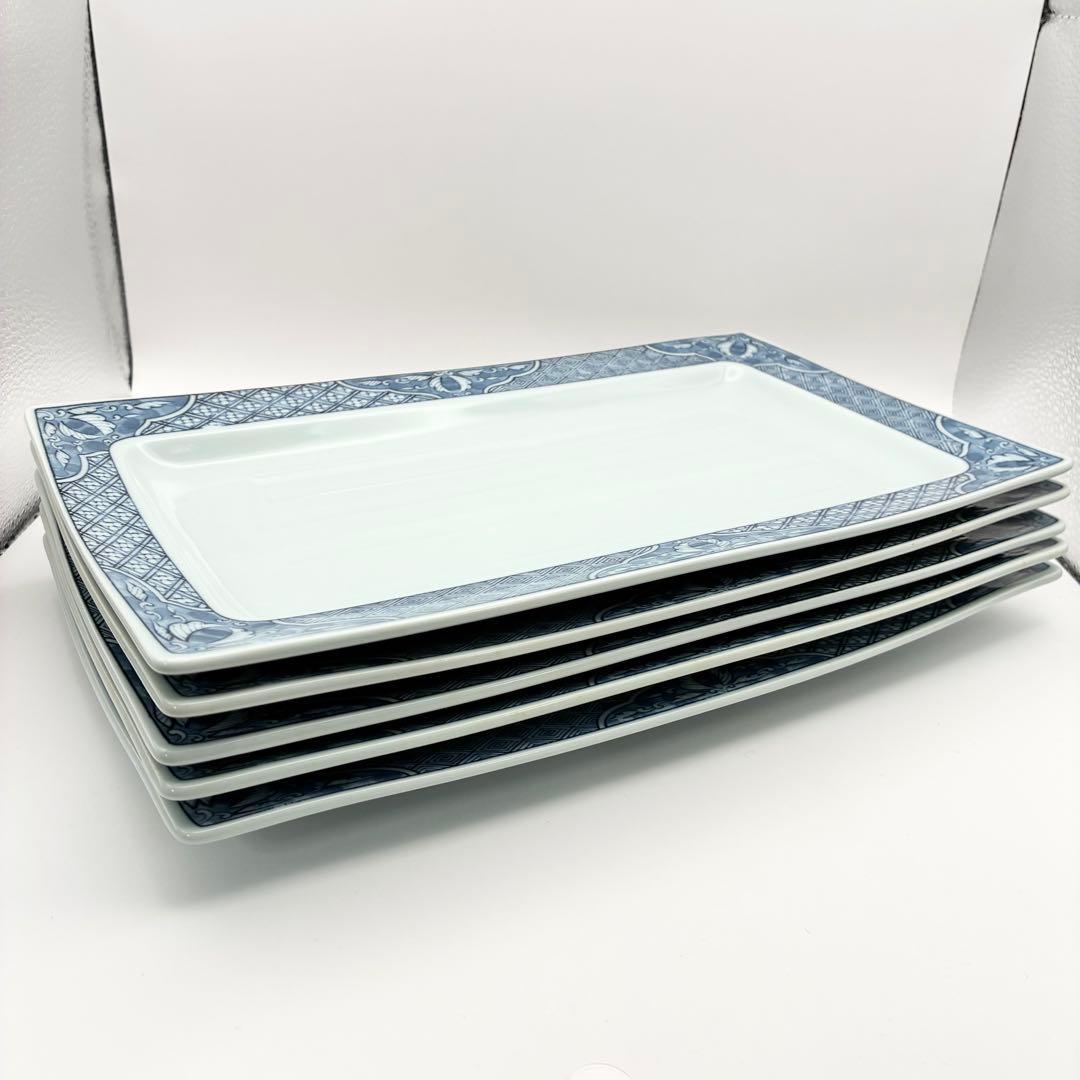 【未使用品】有田焼 龍峰窯 味楽染付長角皿揃 5枚セット 吉祥模様