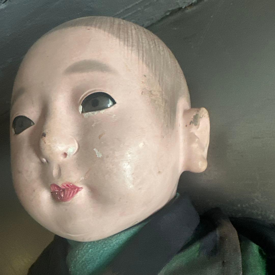 ヴィンテージ　市松人形 男の子　黒と緑の模様