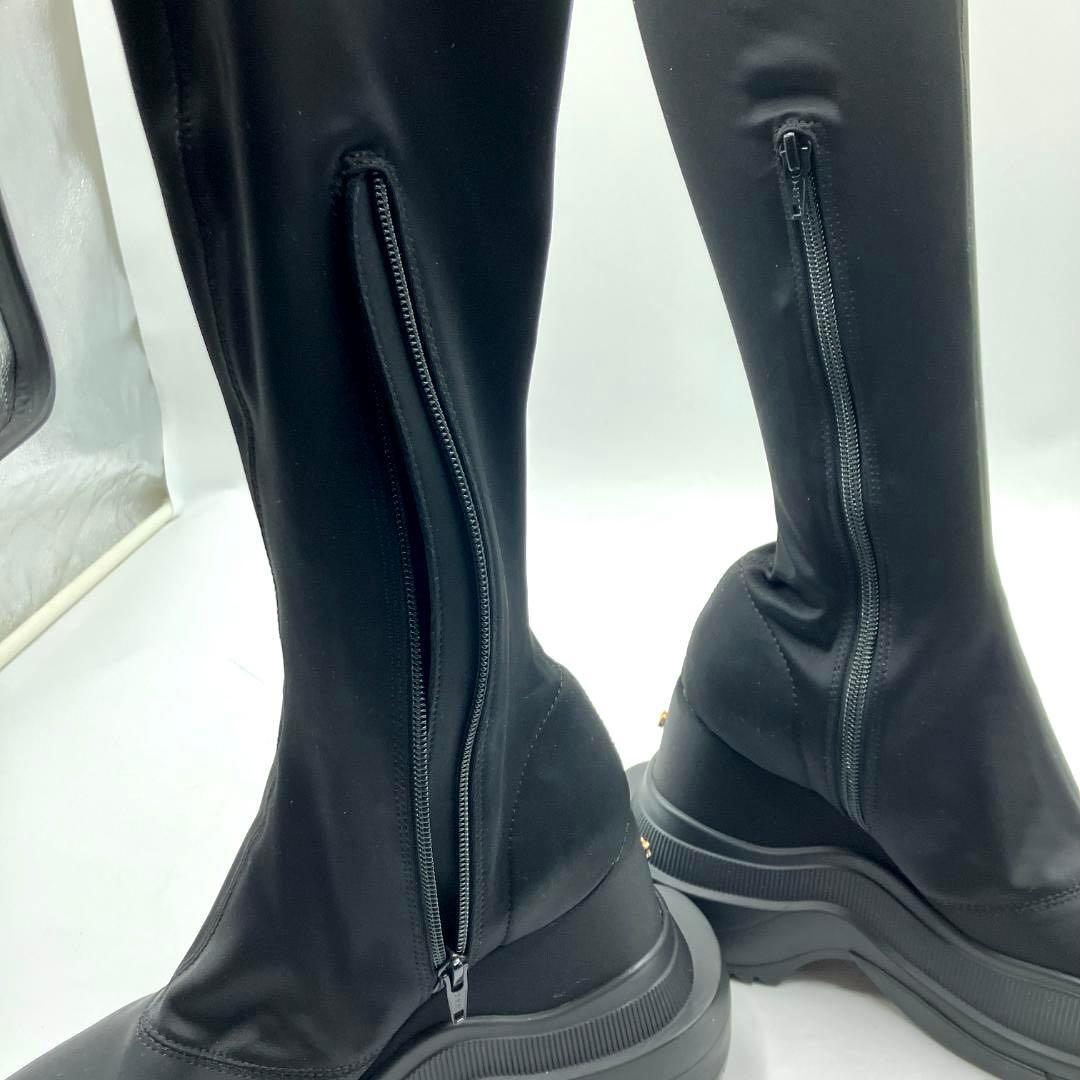 【美品】YELLO　ダブルスニーカーロングブーツ ストレッチ 厚底 ブラック L