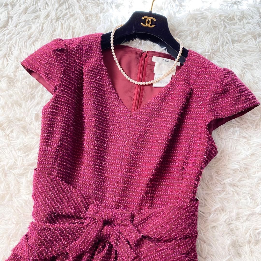 極美品✨Rene TISSUE社製 高級フレアワンピース リボン ワインレッド