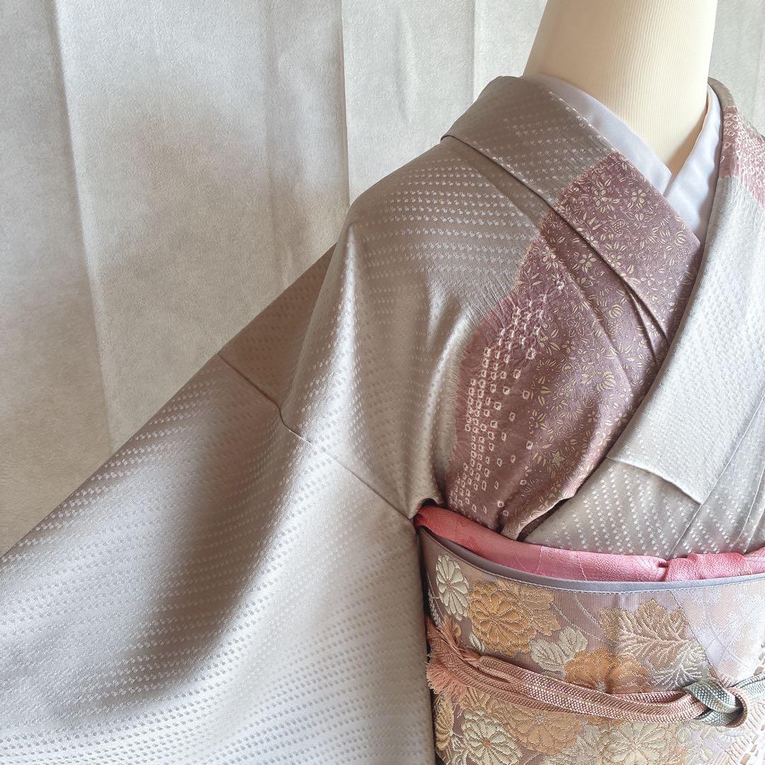 訪問着　フルセット　着物　正絹　絞り　雪輪　淡い　入学式　お祝い　N4