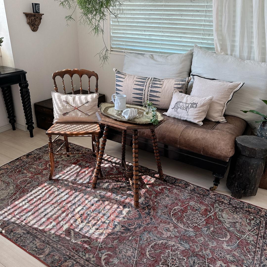 トルコヴィンテージラグ A67 ブラウンレッド ネイビー セージグリーン