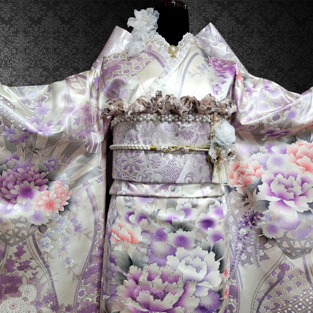 振袖フルセット(12点)・成人式・くすみ・豪華刺繍・銀彩加工・大輪牡丹・正絹