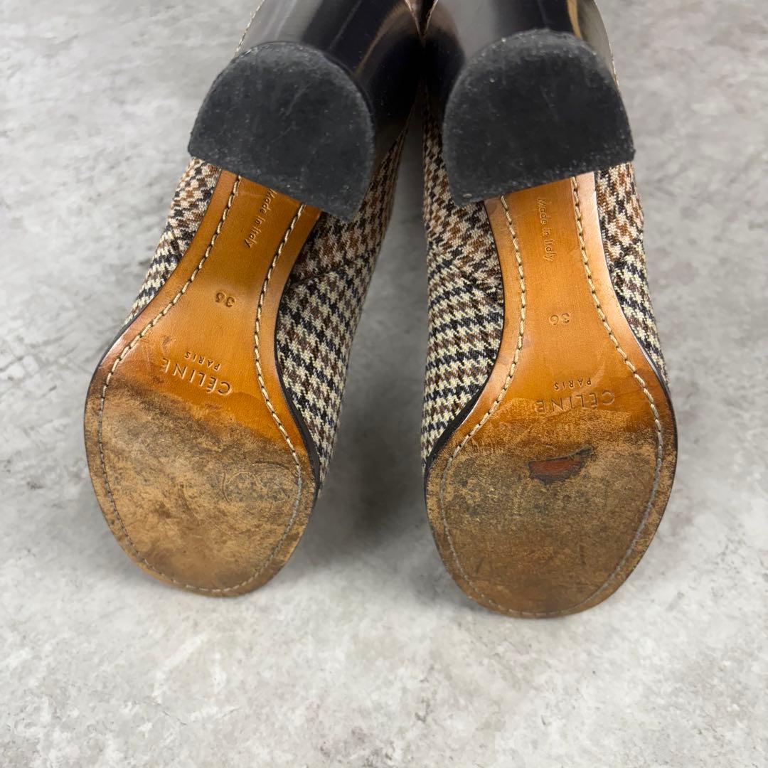 セリーヌ　CELINE ロングブーツ　36 チェック　ウール　ブラウン