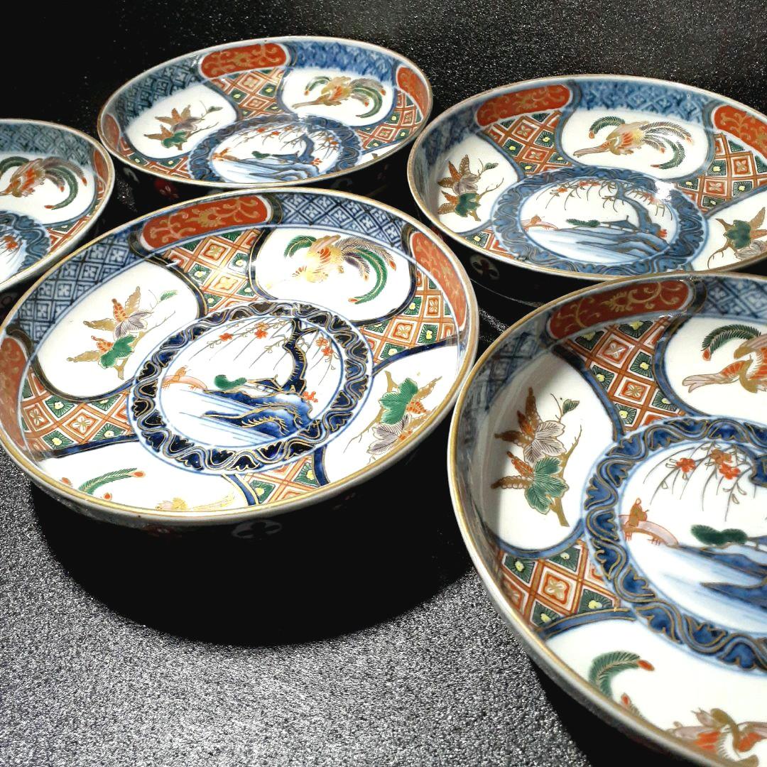 江戸時代後期　献上古伊万里　染錦　鳳凰に桐葉文様　15.4cm   深皿　5客